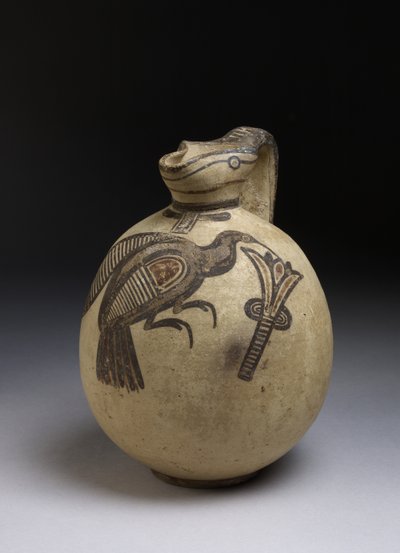 Squat Bichrome Jug in Free-Field Style with Image of Bird Picking a Lotus Flower, Cypro-Archaic Period, c.750-480 BC by Cypriot